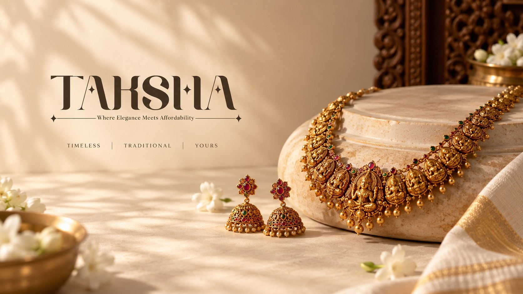 Taksha Jewels brand mark styled with a gold necklace and earrings on a stone pedestal, with jasmine flowers and carved wood in the background
