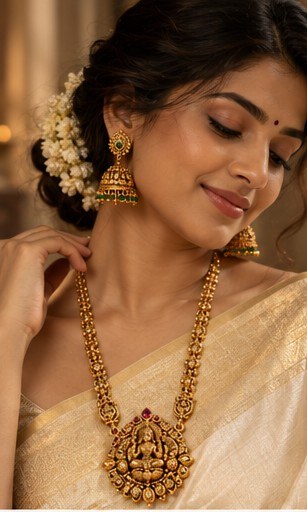 Bride wearing a full temple-style bridal necklace and jhumka earrings from Taksha Jewels
