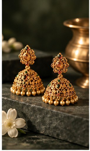 Pair of gold jhumka earrings with jasmine flowers and a brass vessel