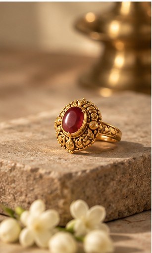 Gold ring set with a ruby, a finishing piece from Taksha Jewels