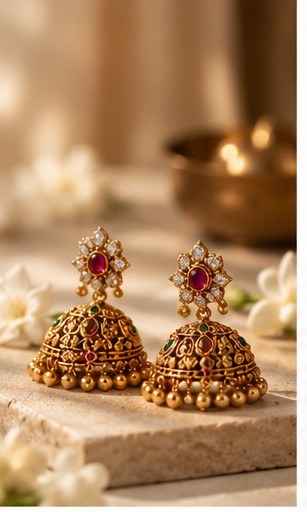Gold earrings with white flowers