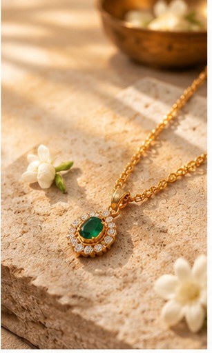 Gold necklace with green pendant stone