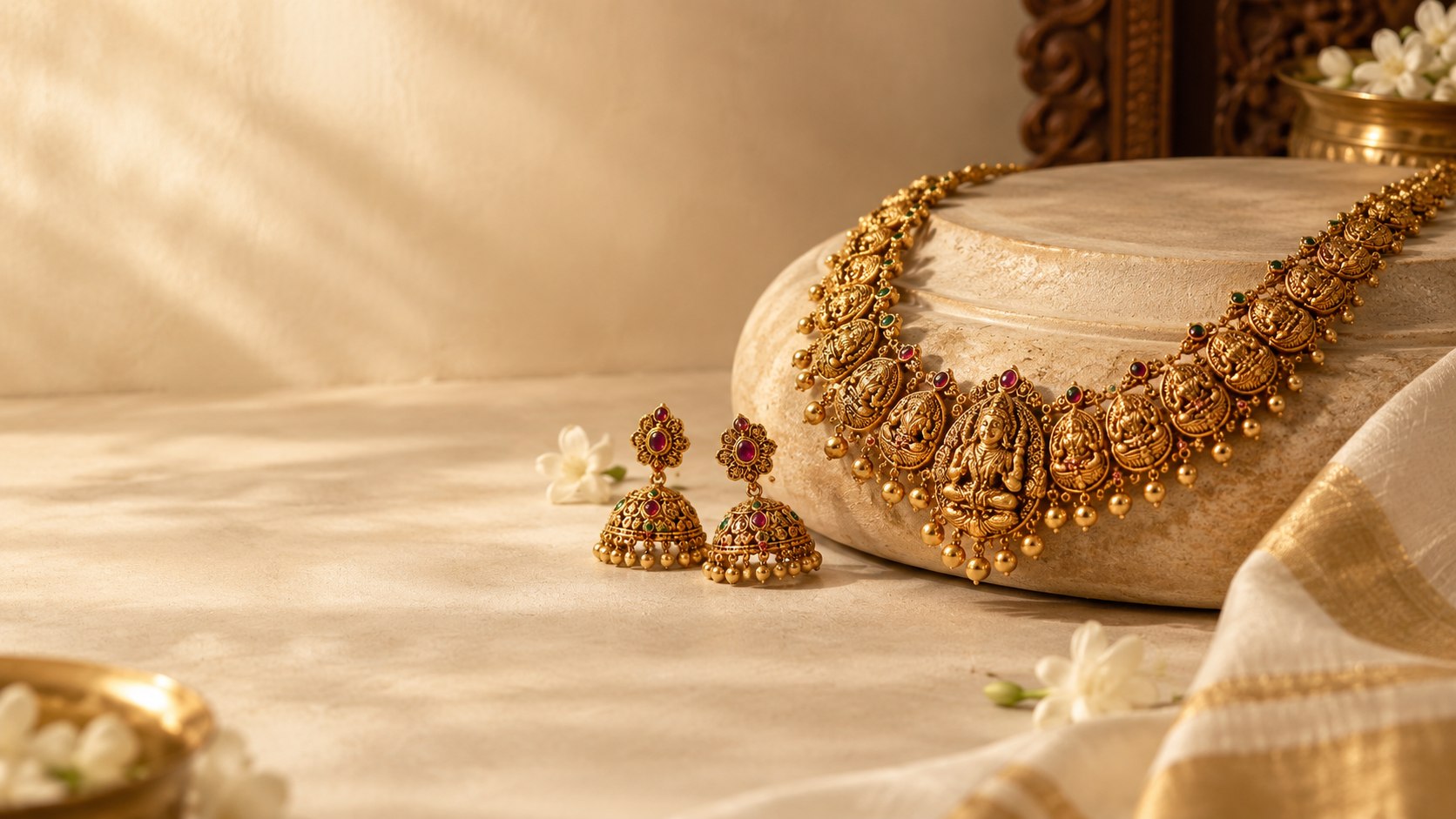 Gold temple-style necklace and jhumka earrings from Taksha Jewels, displayed on a stone pedestal with jasmine flowers